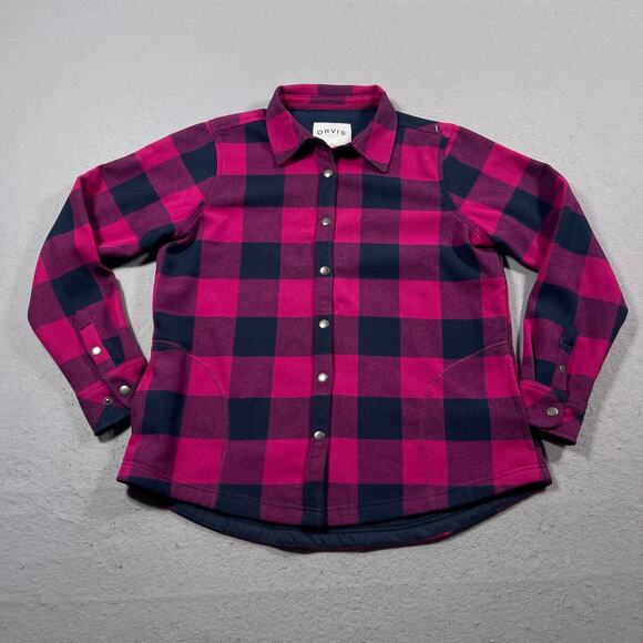 Orvis Jackets & Blazers - Orvis Shirt Jacket Women L Pink Navy Plaid Fleece Lined Snap Front Warm Outdoors
